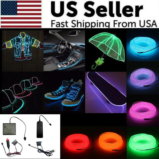 Neon LED Light Glow EL Wire String Strip Rope Tube Decor Car Party + Controller